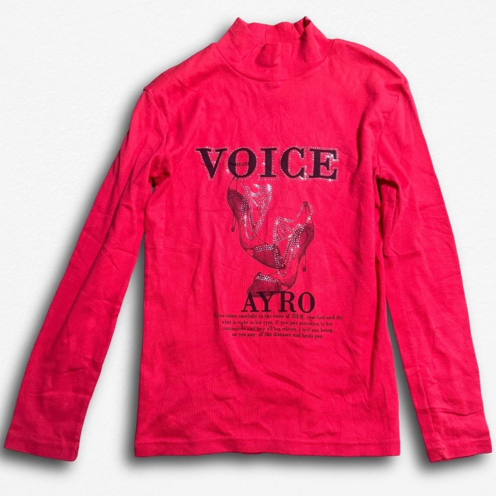 Ayro Voice Pink Mock Neck Long Sleeve Graphic Rhinestone Top Womens Size Small